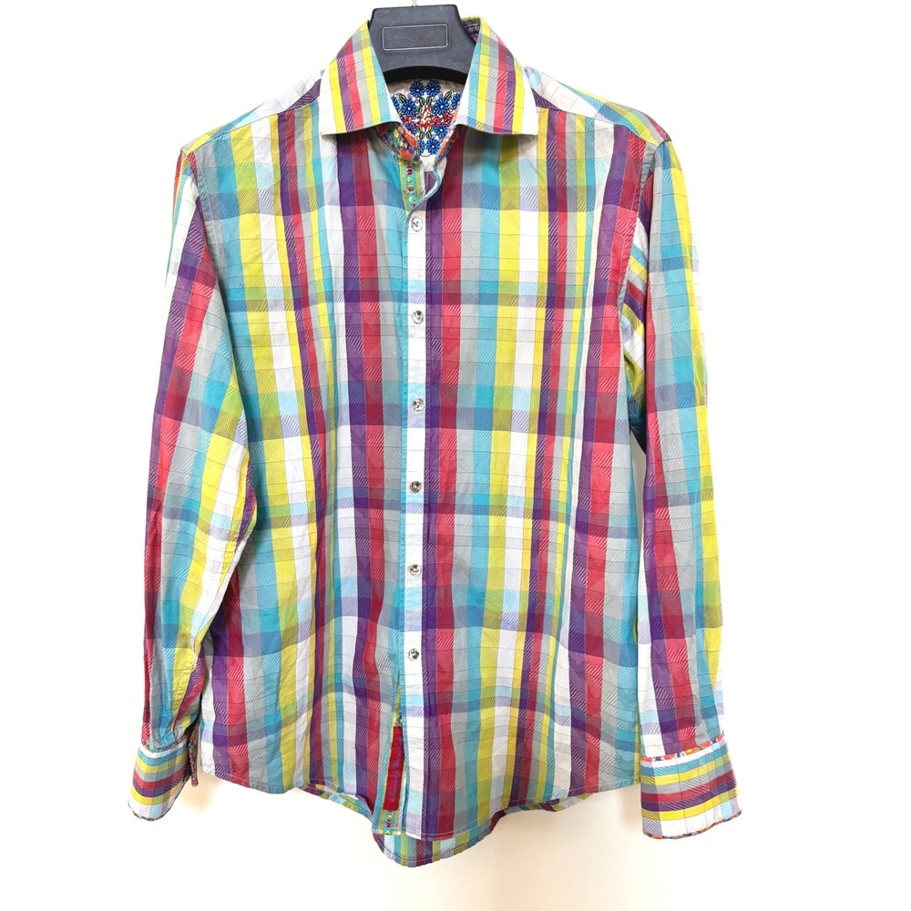 obert Graham Men's Multicolor Plaid Button Down Shirt Floral Long Sleeve Sz M